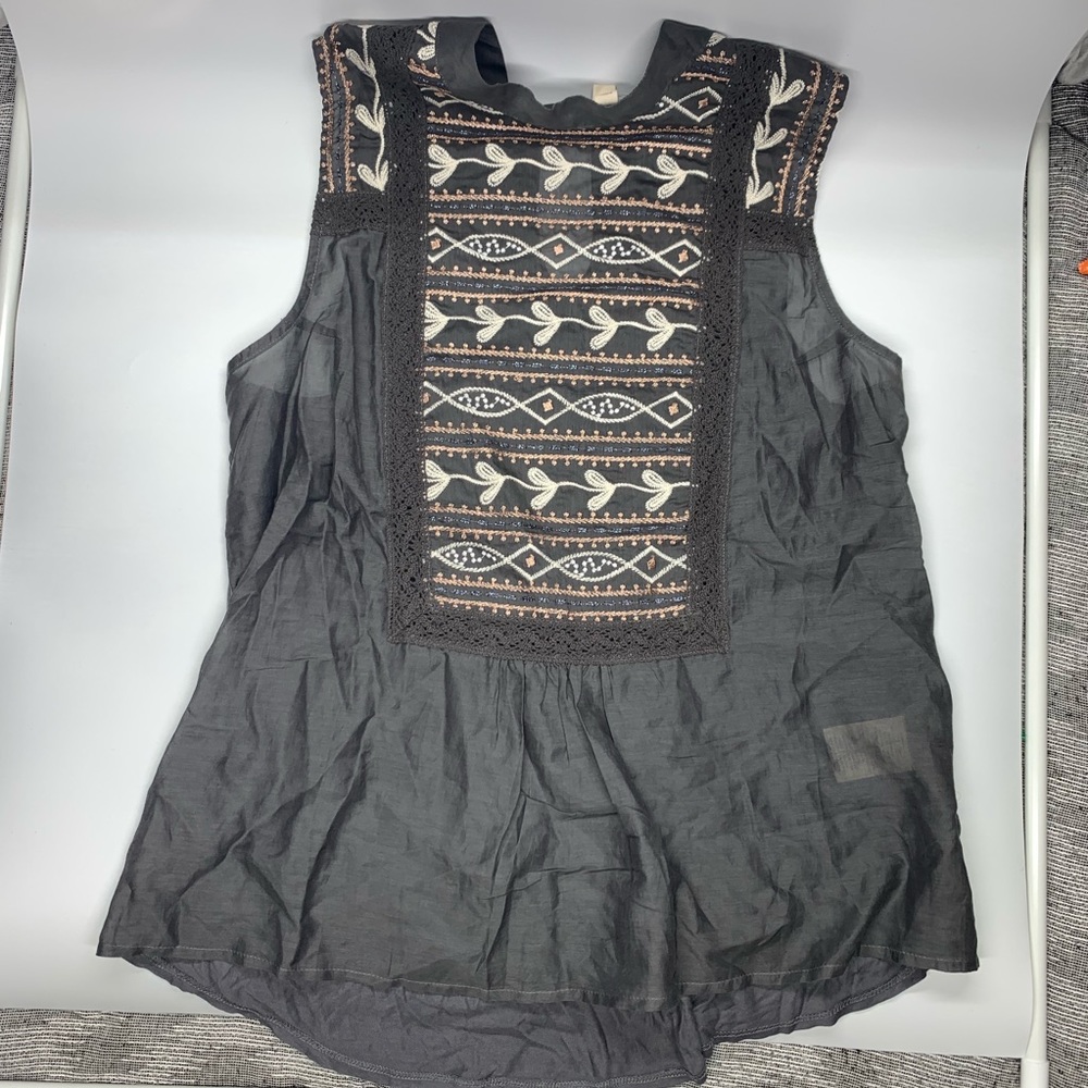 Anthropologie Black Sleeveless Embroidered Yoke Blouse